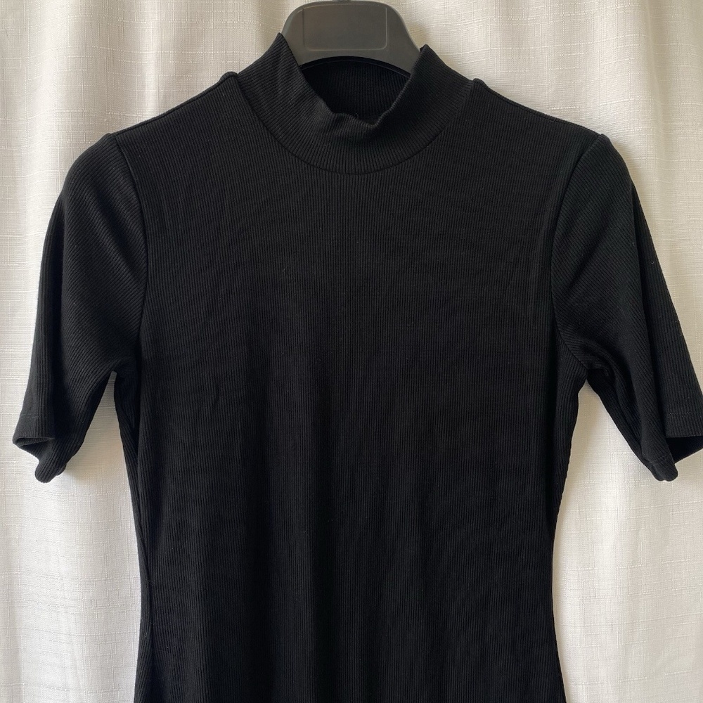 Marine Layer Lexi Ribbed Midi Dress Sz M Black Short Sleeve Mock Neck Lined - Picture 2 of 13